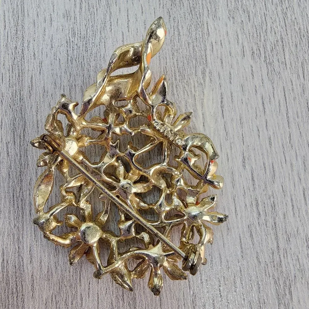 Vintage Brooch Lisner Signed Enamel Floral Rhinestone Flower Summer Hippie FLAWS